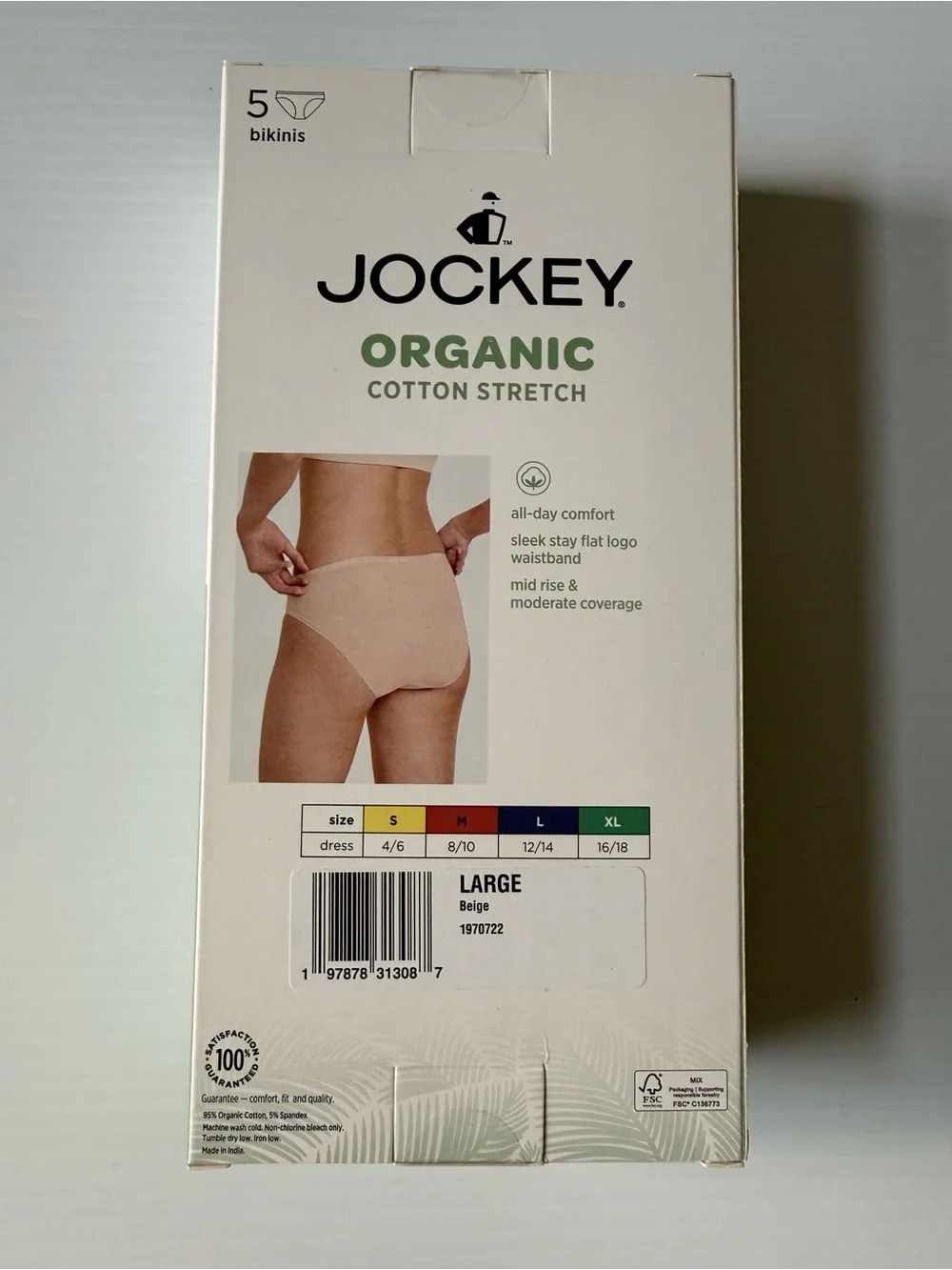 Jockey Women Organic Cotton Stretch Bikini Underwear 5 Pack Sz Large Medium New
